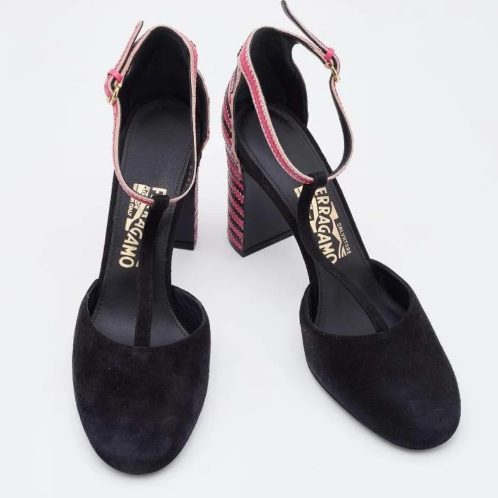 Salvatore Ferragamo Black/Pink Suede And Leather Fergie T-Strap Pumps - Picture 4 of 13